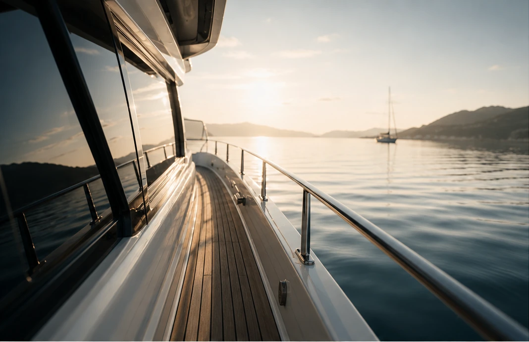 Side deck of a yacht in calm evening light