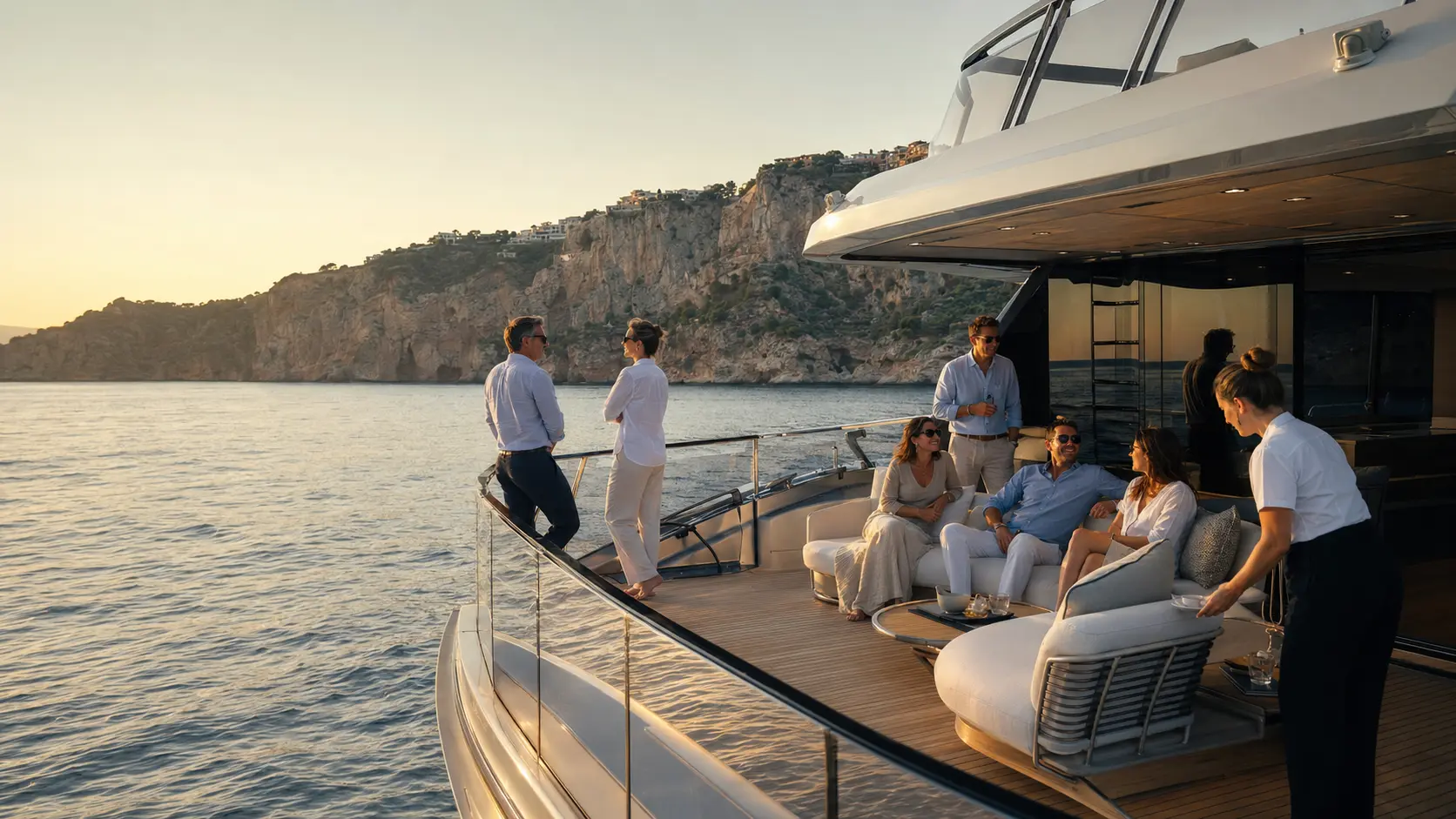 Guests in conversation on the aft deck of a yacht off a Mediterranean coast in warm evening light.