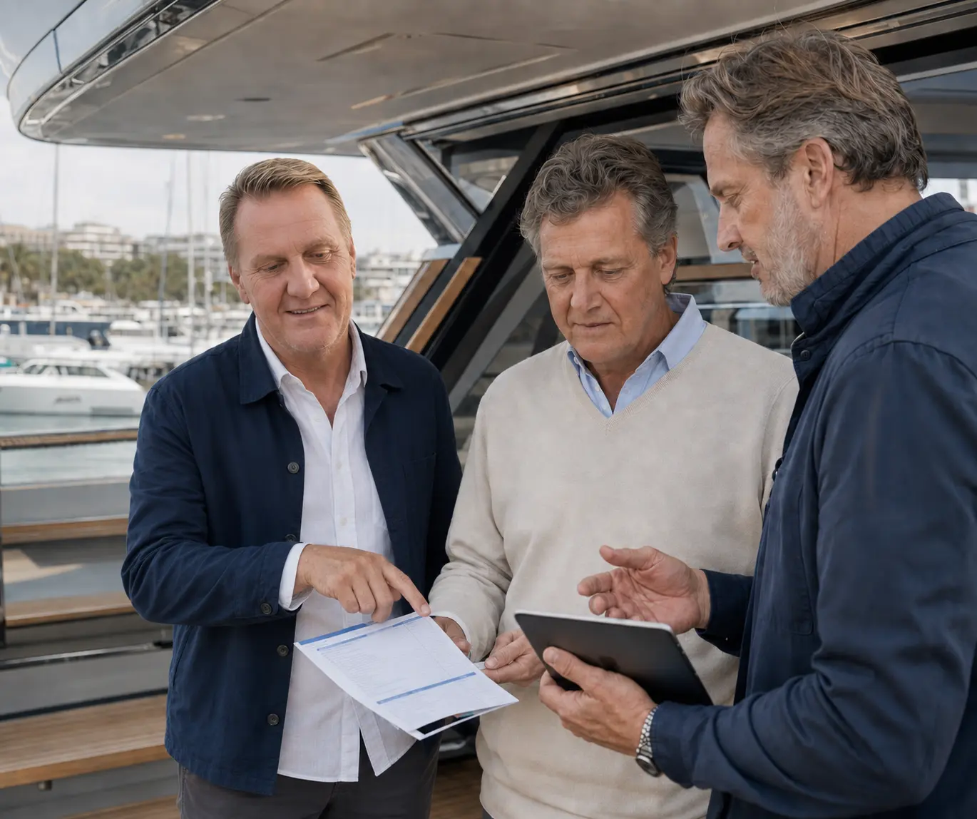 Frank Simonis reviews documents on board a yacht with an owner and a specialist.