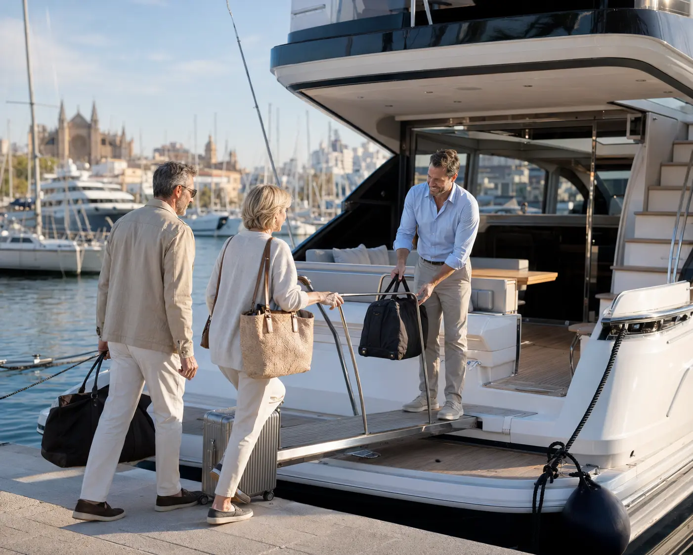 An owner couple is welcomed at their prepared yacht and assisted with luggage.